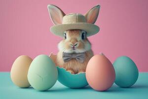 A rabbit wearing a hat and bow tie emerges from the egg with beautiful colorful shells on a flat color background. photo