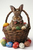 A rabbit wearing a hat and bow tie emerges from the egg with beautiful colorful shells All in the basket on a white background. photo