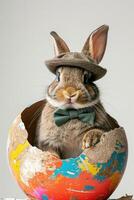 A rabbit wearing a hat and bow tie emerges from the egg with beautiful colorful shells on a flat color background. photo