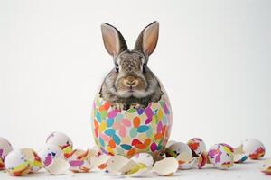 A rabbit wearing a cute shirt emerges from the big egg with beautiful colorful shells on a white background. photo