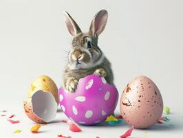 un Conejo vistiendo un linda camisa emerge desde el grande huevo con hermosa vistoso conchas en un blanco antecedentes. foto