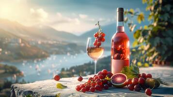 A bottle filled with red wine and the glass by side placed on a nice concrete, some chopped tropical fruits. Beautiful mountains in the scenery. Generated by artificial intelligence. photo