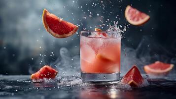 vertical vaso con rosado pomelo jugo. volador pomelo, comida fotografía, oscuro antecedentes. generado por artificial inteligencia. foto