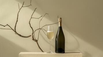 Product photography of a sparkling wine bottle and glass, with a minimalist setting featuring a single driftwood branch as a prop. Generated by artificial intelligence. photo