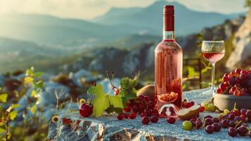 A bottle filled with red wine and the glass by side placed on a nice concrete, some chopped tropical fruits. Beautiful mountains in the scenery. Generated by artificial intelligence. photo