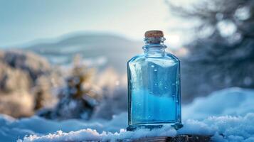 A blue gin bottle ona wooden surface in a snowy background. Generated by artificial intelligence. photo