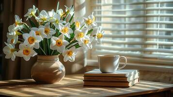 un mesa con libros apilado en él, siguiente a un florero con un grande ramo de flores de un narciso flores, y un taza de caliente té. generado por artificial inteligencia. foto