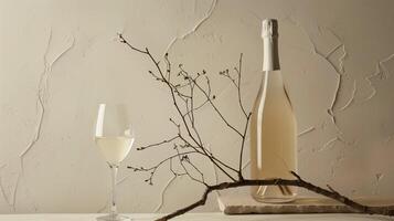 Product photography of a sparkling wine bottle and glass, with a minimalist setting featuring a single driftwood branch as a prop. Generated by artificial intelligence. photo