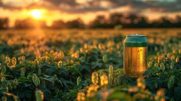 A green can of beer in a hop field, low angle view. Generated by artificial intelligence. photo