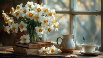 A table with books stacked on it, next to a vase with a large bouquet of a narcissus flowers, and a cup of hot tea. Generated by artificial intelligence. photo