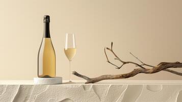 Product photography of a sparkling wine bottle and glass, with a minimalist setting featuring a single driftwood branch as a prop. Generated by artificial intelligence. photo