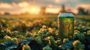 A green can of beer in a hop field, low angle view. Generated by artificial intelligence. photo