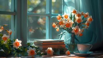 A table with books stacked on it, next to a vase with a large bouquet of a narcissus flowers, and a cup of hot tea. Generated by artificial intelligence. photo