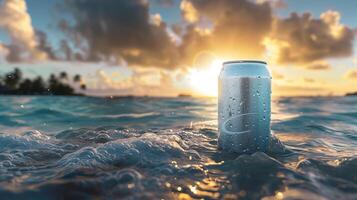 el llanura refresco lata 330ml, flotante en el Oceano con tropical islas en antecedentes. generado por artificial inteligencia. foto