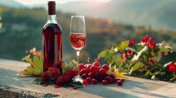 A bottle filled with red wine and the glass by side placed on a nice concrete, some chopped tropical fruits. Beautiful mountains in the scenery. Generated by artificial intelligence. photo