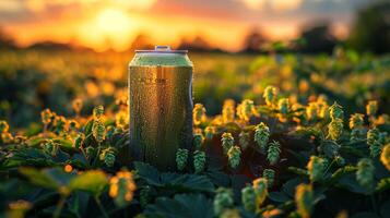 A green can of beer in a hop field, low angle view. Generated by artificial intelligence. photo