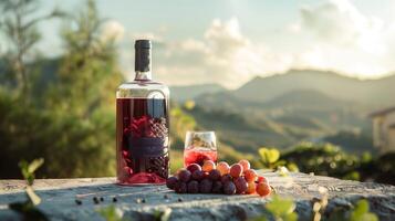 un botella lleno con rojo vino y el vaso por lado metido en un bonito concreto, algunos Cortado tropical frutas hermosa montañas en el escenario. generado por artificial inteligencia. foto