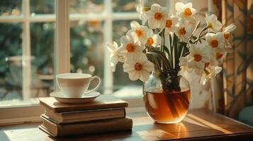 A table with books stacked on it, next to a vase with a large bouquet of a narcissus flowers, and a cup of hot tea. Generated by artificial intelligence. photo