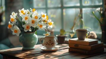 un mesa con libros apilado en él, siguiente a un florero con un grande ramo de flores de un narciso flores, y un taza de caliente té. generado por artificial inteligencia. foto