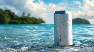 The plain soft-drink can 330ml, floating in the ocean with tropical islands in background. Generated by artificial intelligence. photo