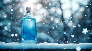 un azul Ginebra botella en un de madera superficie en un Nevado antecedentes. generado por artificial inteligencia. foto