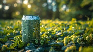 A green can of beer in a hop field, low angle view. Generated by artificial intelligence. photo