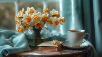 un mesa con libros apilado en él, siguiente a un florero con un grande ramo de flores de un narciso flores, y un taza de caliente té. generado por artificial inteligencia. foto