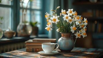 A table with books stacked on it, next to a vase with a large bouquet of a narcissus flowers, and a cup of hot tea. Generated by artificial intelligence. photo