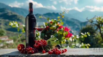 A bottle filled with red wine and the glass by side placed on a nice concrete, some chopped tropical fruits. Beautiful mountains in the scenery. Generated by artificial intelligence. photo