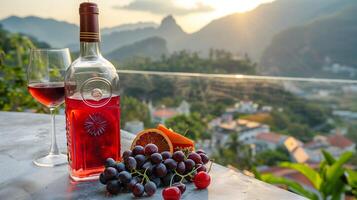 A bottle filled with red wine and the glass by side placed on a nice concrete, some chopped tropical fruits. Beautiful mountains in the scenery. Generated by artificial intelligence. photo