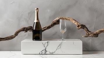 Product photography of a sparkling wine bottle and glass, with a minimalist setting featuring a single driftwood branch as a prop. Generated by artificial intelligence. photo