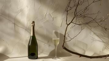 Product photography of a sparkling wine bottle and glass, with a minimalist setting featuring a single driftwood branch as a prop. Generated by artificial intelligence. photo