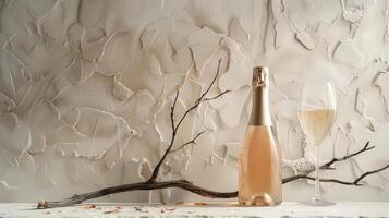 Product photography of a sparkling wine bottle and glass, with a minimalist setting featuring a single driftwood branch as a prop. Generated by artificial intelligence. photo