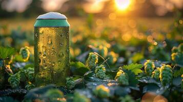 un verde lata de cerveza en un salto campo, bajo ángulo vista. generado por artificial inteligencia. foto