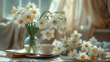 un mesa con libros apilado en él, siguiente a un florero con un grande ramo de flores de un narciso flores, y un taza de caliente té. generado por artificial inteligencia. foto