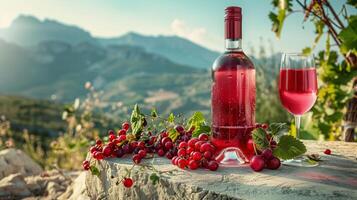 un botella lleno con rojo vino y el vaso por lado metido en un bonito concreto, algunos Cortado tropical frutas hermosa montañas en el escenario. generado por artificial inteligencia. foto