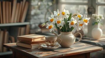 un mesa con libros apilado en él, siguiente a un florero con un grande ramo de flores de un narciso flores, y un taza de caliente té. generado por artificial inteligencia. foto