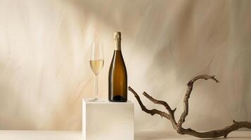 Product photography of a sparkling wine bottle and glass, with a minimalist setting featuring a single driftwood branch as a prop. Generated by artificial intelligence. photo