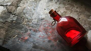 The red potion bottle of the Middle Ages, glass bottle. Generated by artificial intelligence. photo