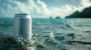 The plain soft-drink can 330ml, floating in the ocean with tropical islands in background. Generated by artificial intelligence. photo