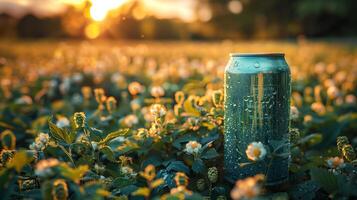 un verde lata de cerveza en un salto campo, bajo ángulo vista. generado por artificial inteligencia. foto