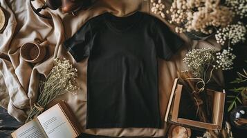 un Bosquejo de el frente ver negro camiseta rodeado por accesorios. generado por artificial inteligencia. foto