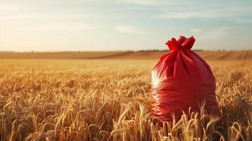 A red fertilizer bag is placed on a golden wheat field. The sun is shining, beginning of autumn, Field, good harvest, small ears of wheat in the distance. photo