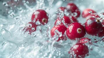 Fresh cranberries in white water. Generated by artificial intelligence. photo