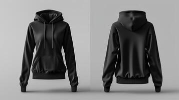 Fashion design, black hoodie, cotton fabric, back and front view display, minimalism. Generated by artificial intelligence. photo