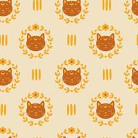 Mystical cat seamless pattern with branch and leaves vector