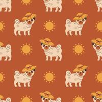 Pug dog in hat summer seamless pattern vector