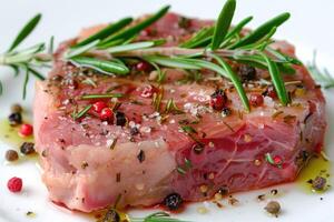 Raw pork steak with rosemary and spices. photo