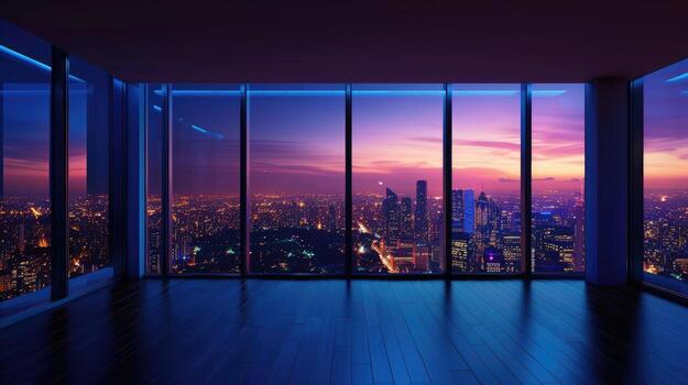 An empty room in a skyscraper and a view of the night city. Beautiful expensive property with a view. photo