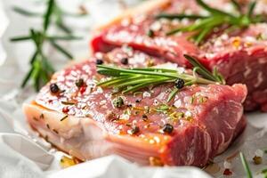 Raw pork steak with rosemary and spices. photo